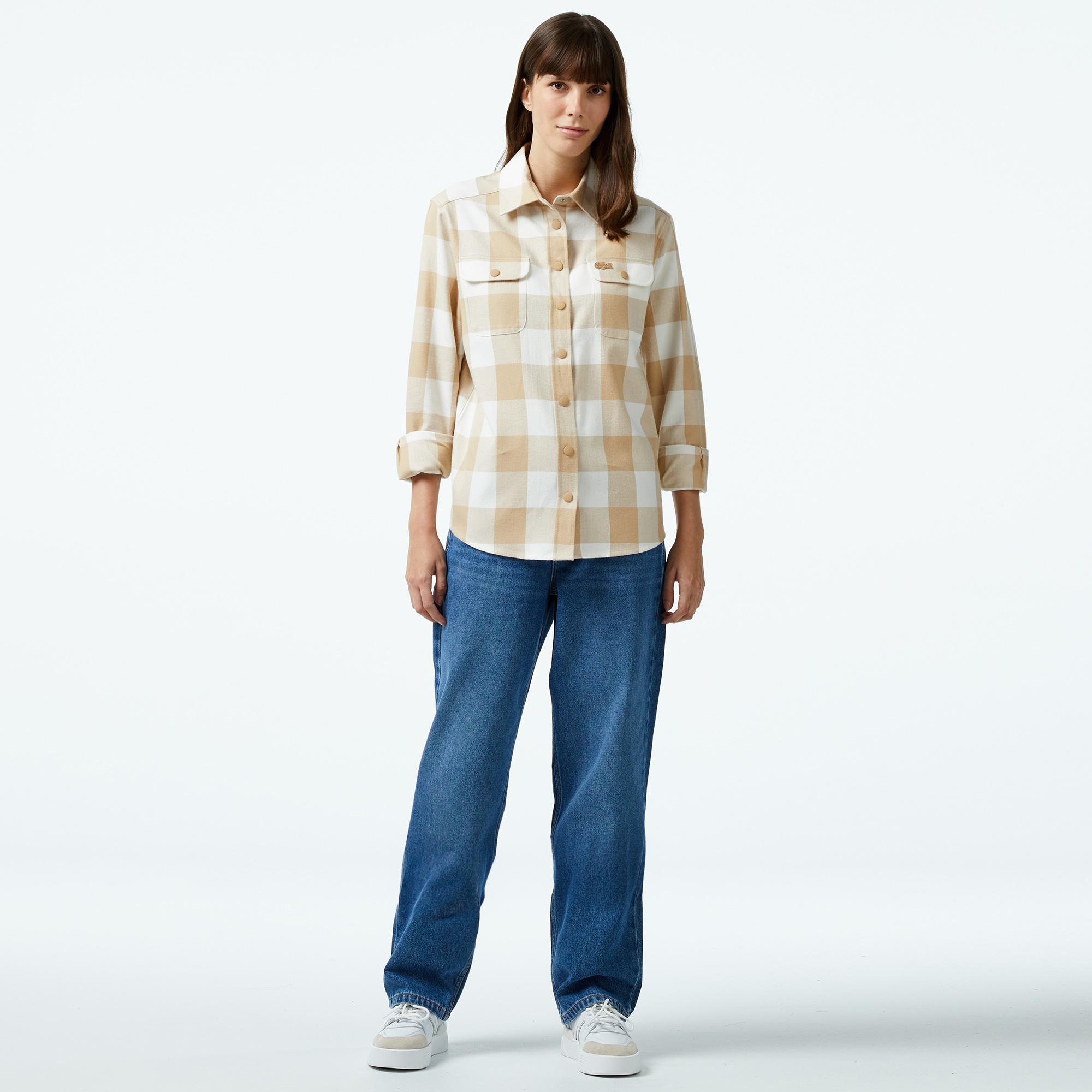 Kadın Regular Fit Ekose Bej Gömlek