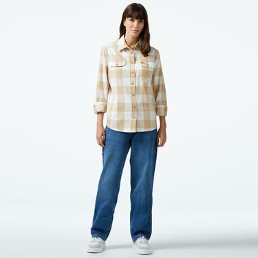  Kadın Regular Fit Ekose Bej Gömlek