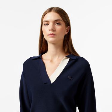  Kadın Regular Fit Polo Yaka Renk Bloklu Lacivert Triko