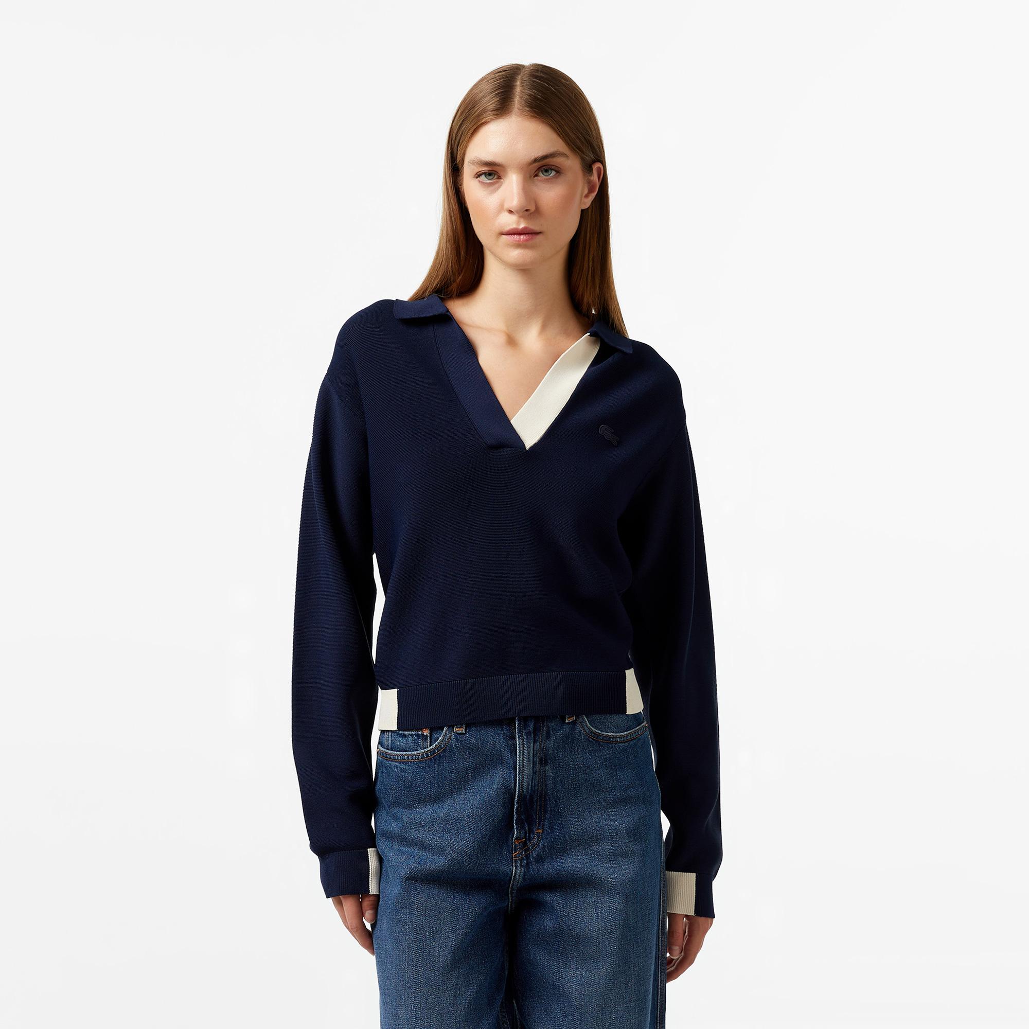 Kadın Regular Fit Polo Yaka Renk Bloklu Lacivert Triko