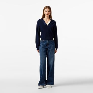  Kadın Regular Fit Polo Yaka Renk Bloklu Lacivert Triko