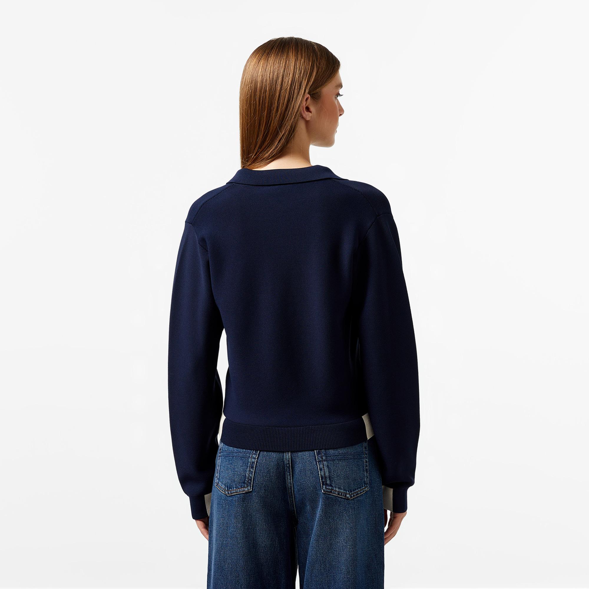 Kadın Regular Fit Polo Yaka Renk Bloklu Lacivert Triko