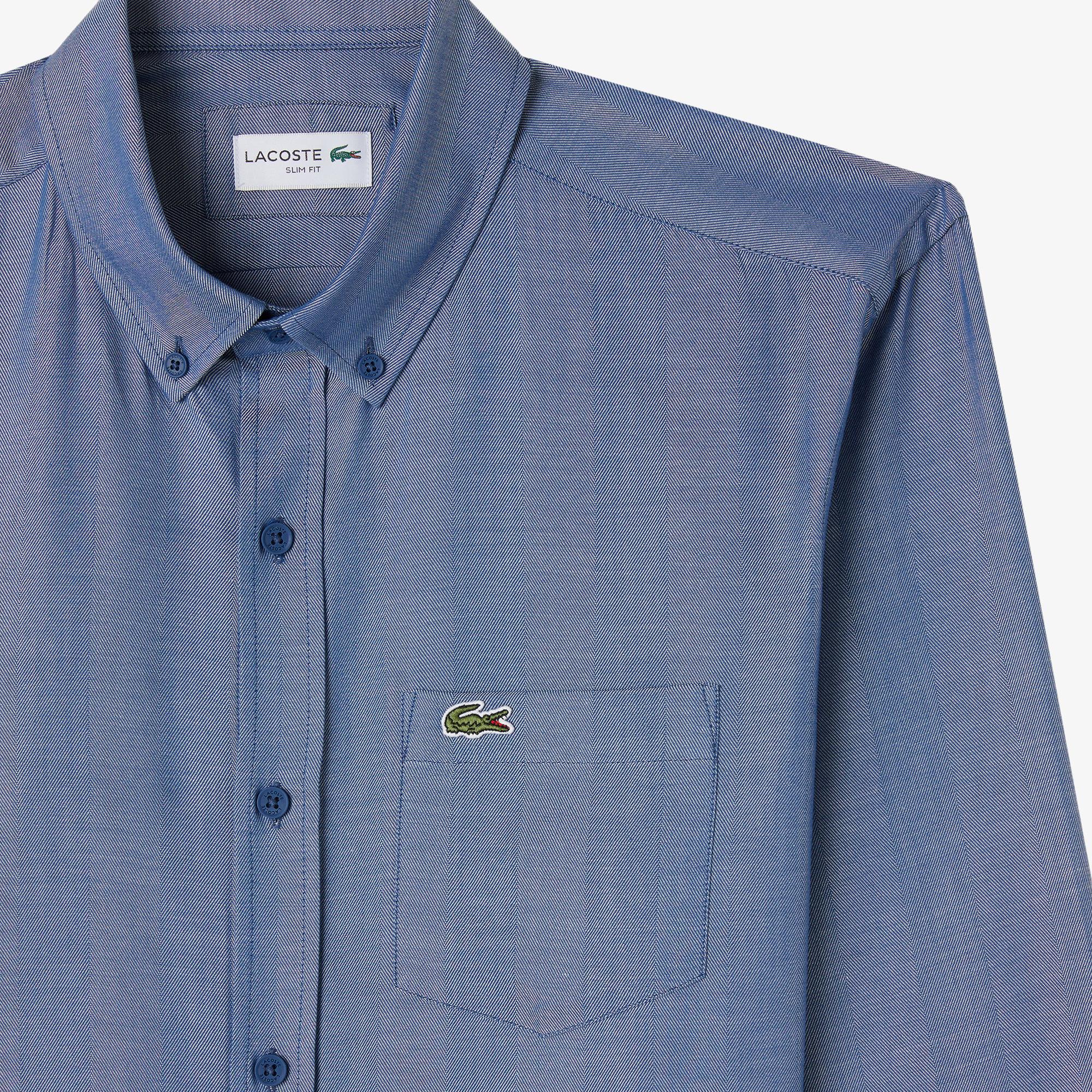 Erkek Slim Fit Düğmeli Yaka Koyu Mavi Gömlek