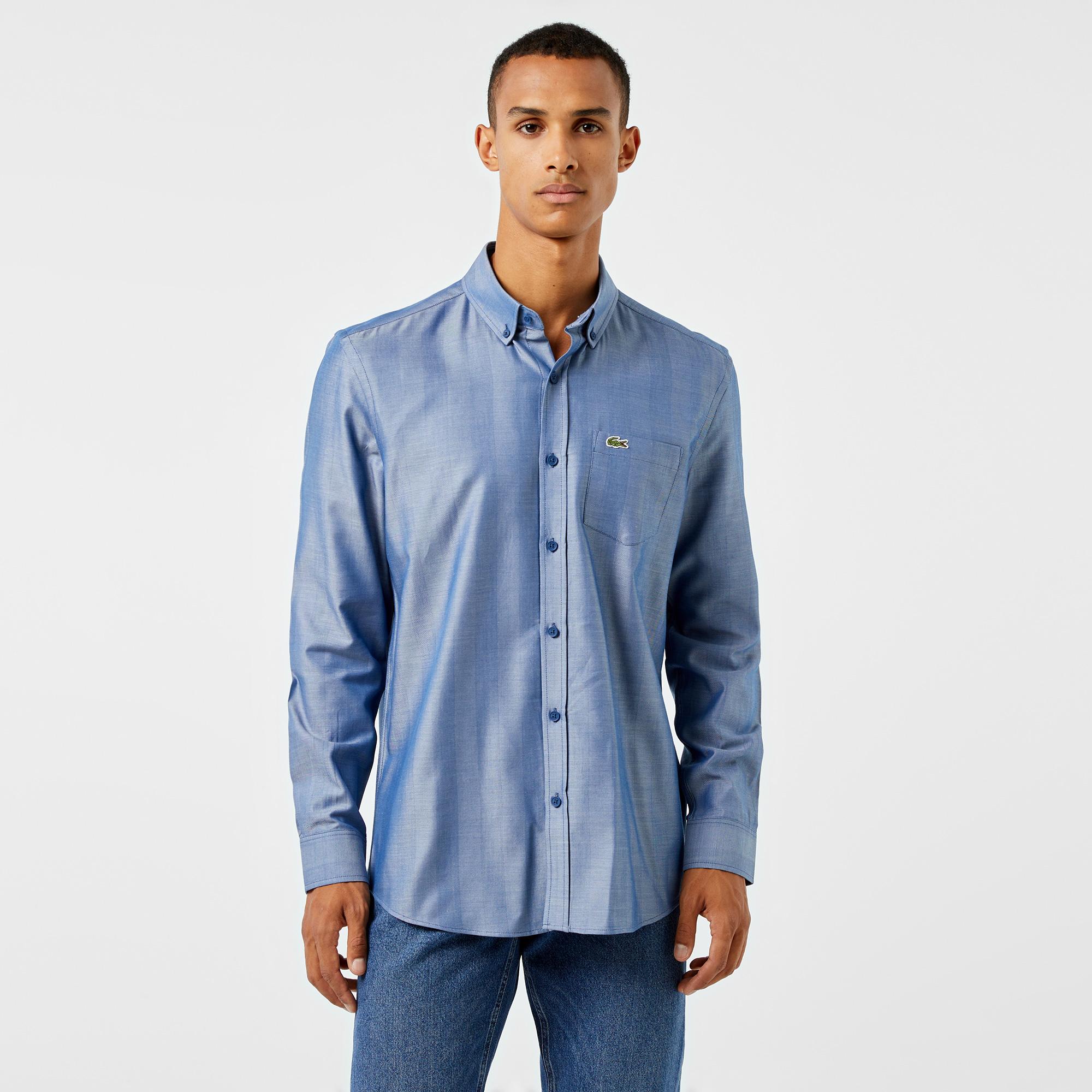 Erkek Slim Fit Düğmeli Yaka Koyu Mavi Gömlek