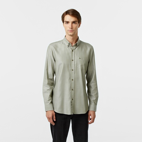  Erkek Slim Fit Düğmeli Yaka Haki Gömlek