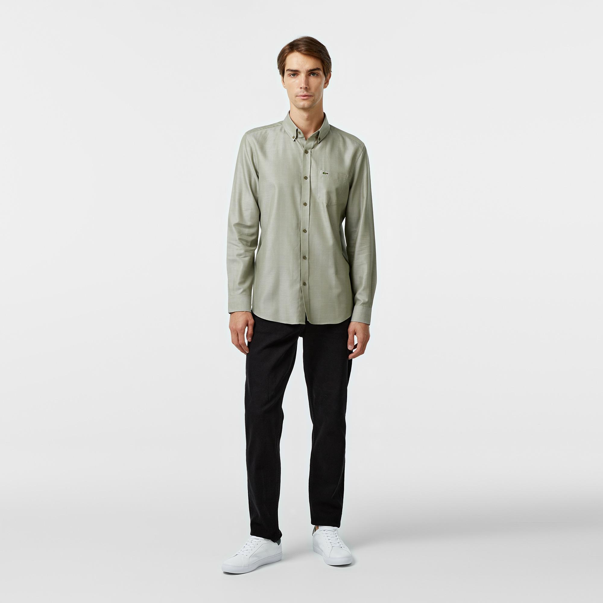 Erkek Slim Fit Düğmeli Yaka Haki Gömlek