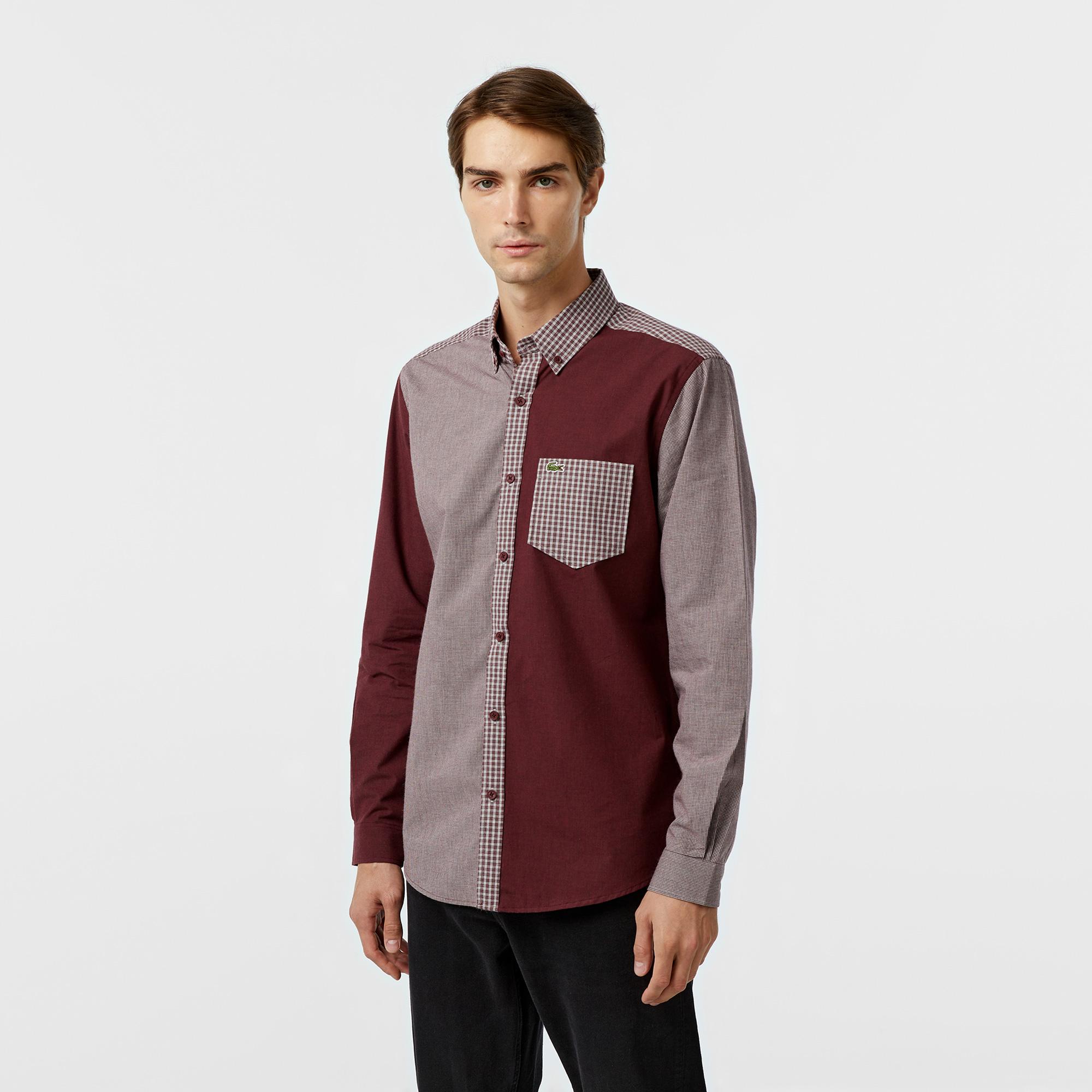 Erkek Relaxed Fit Düğmeli Yaka Ekose Bordo Gömlek