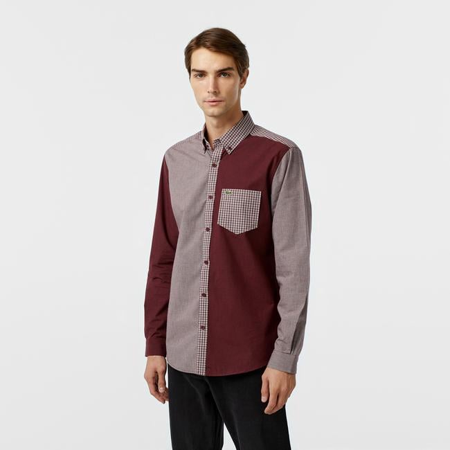  Erkek Relaxed Fit Düğmeli Yaka Ekose Bordo Gömlek