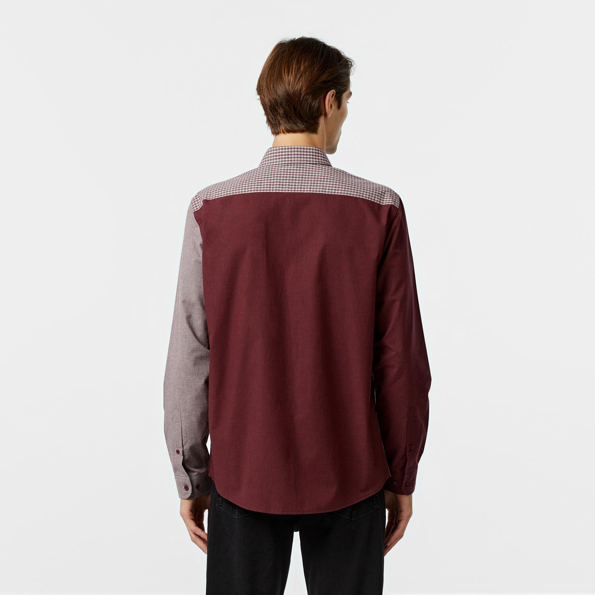 Erkek Relaxed Fit Düğmeli Yaka Ekose Bordo Gömlek