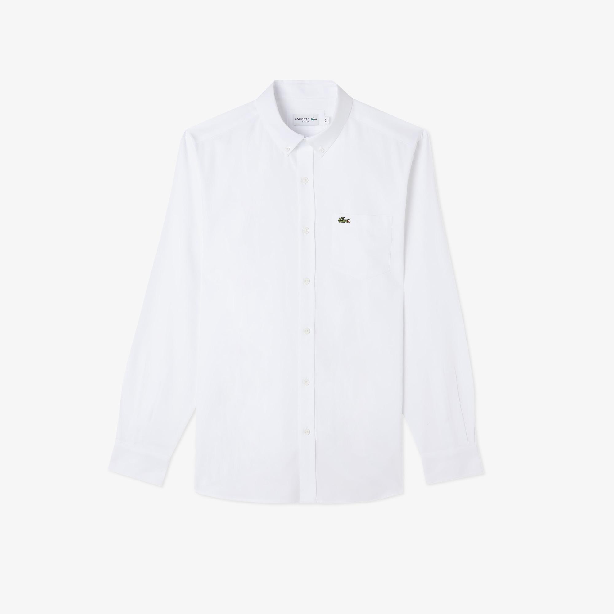 Erkek Slim Fit Düğmeli Yaka Beyaz Gömlek