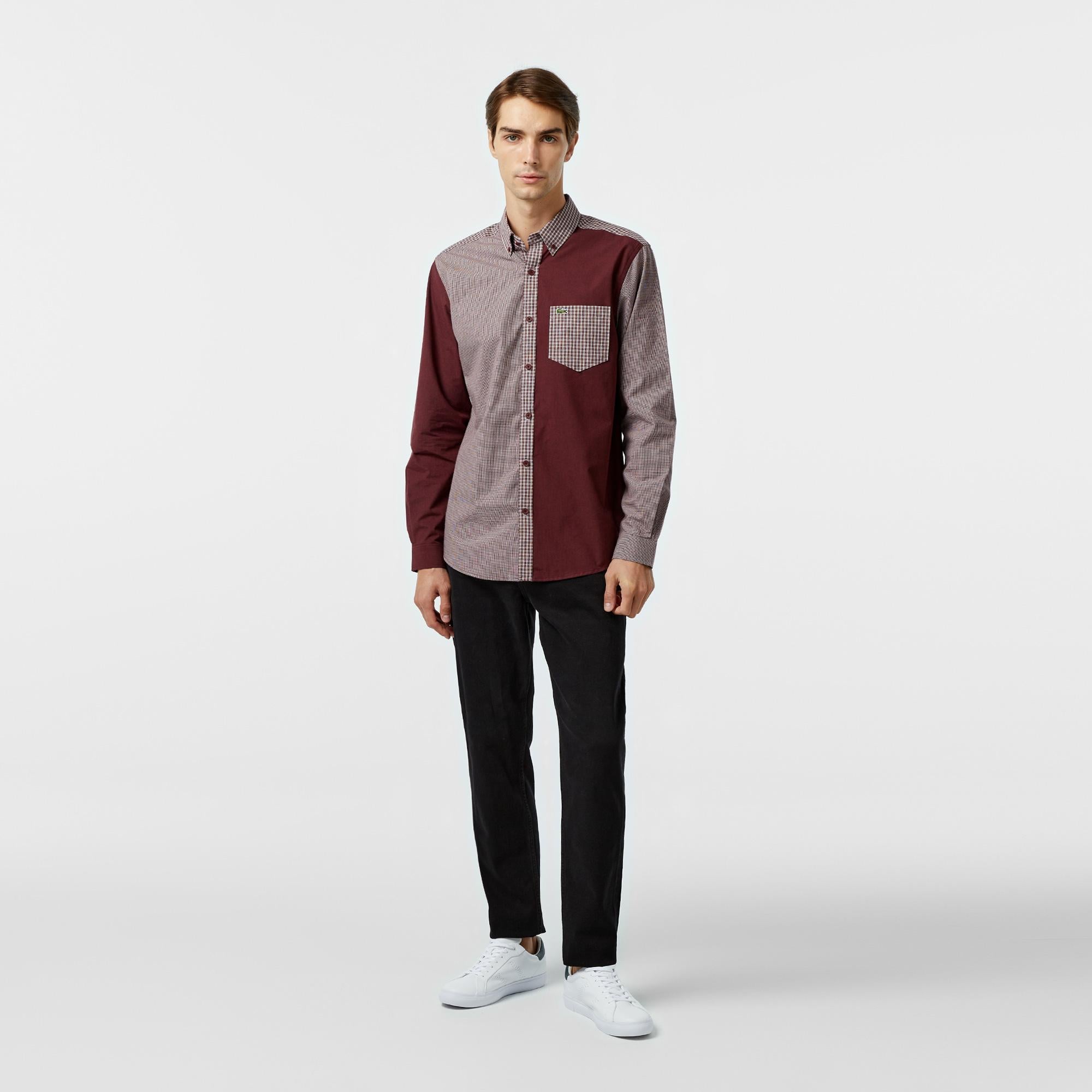 Erkek Relaxed Fit Düğmeli Yaka Ekose Bordo Gömlek