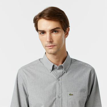  Erkek Relaxed Fit Düğmeli Yaka Ekose Gri Gömlek