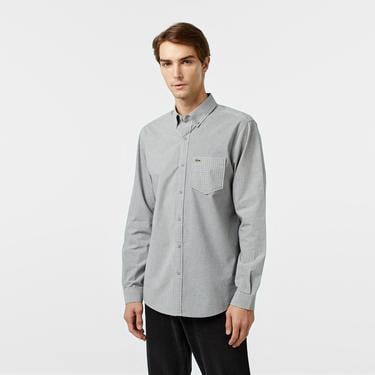  Erkek Relaxed Fit Düğmeli Yaka Ekose Gri Gömlek