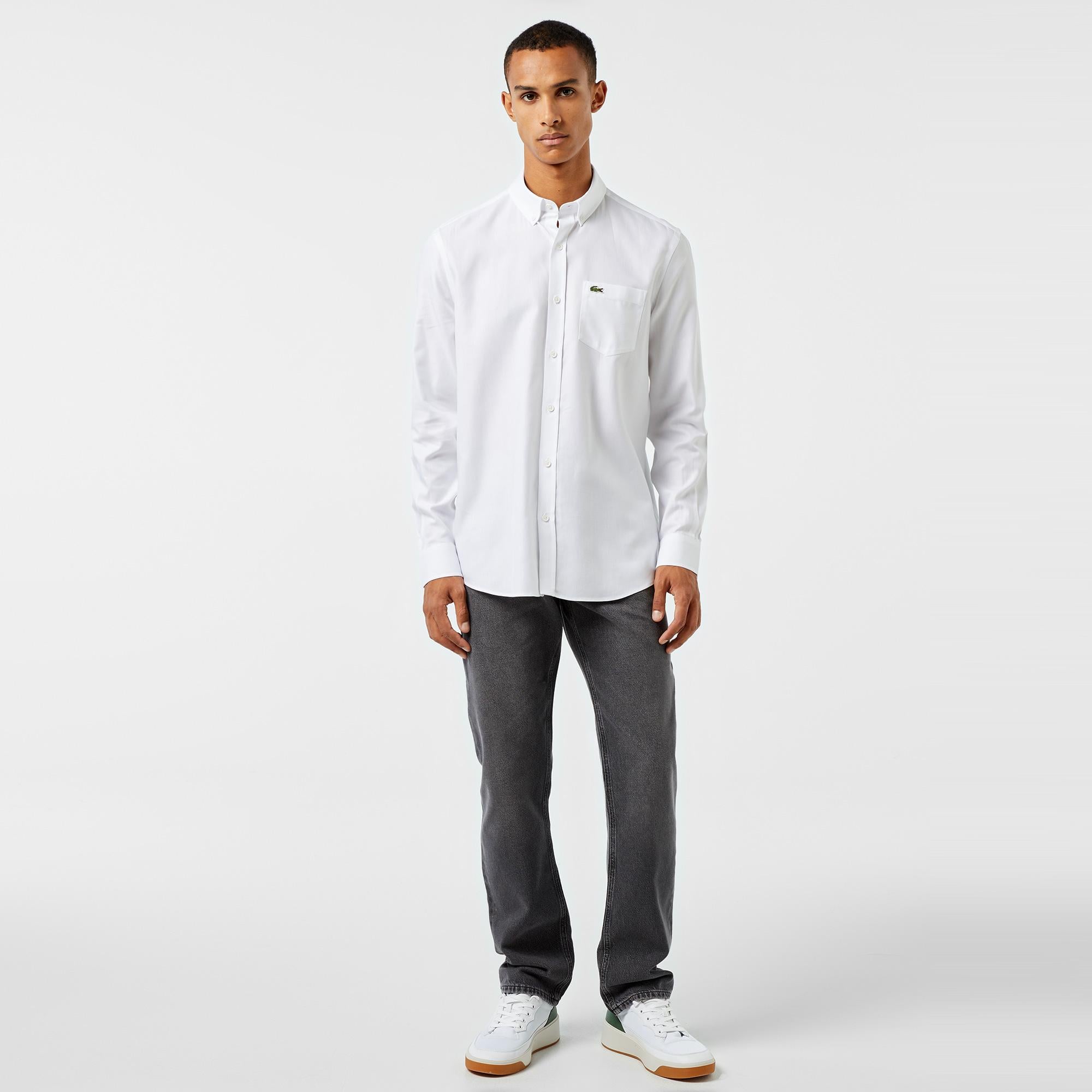 Erkek Slim Fit Düğmeli Yaka Beyaz Gömlek