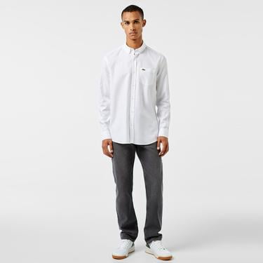  Erkek Slim Fit Düğmeli Yaka Beyaz Gömlek