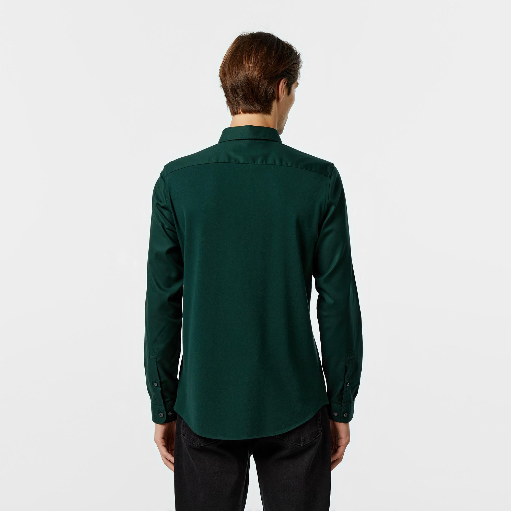 Erkek Slim Fit Düğmeli Yaka Koyu Yeşil Gömlek