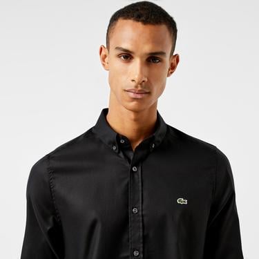  Erkek Slim Fit Düğmeli Yaka Siyah Gömlek