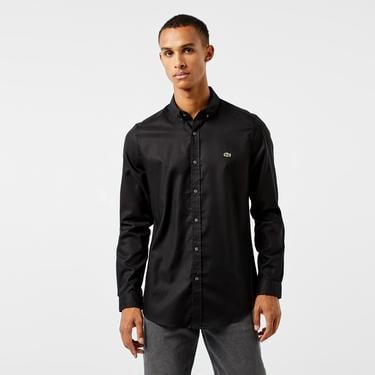  Erkek Slim Fit Düğmeli Yaka Siyah Gömlek