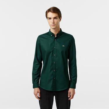  Erkek Slim Fit Düğmeli Yaka Koyu Yeşil Gömlek