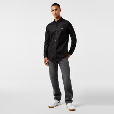  Erkek Slim Fit Düğmeli Yaka Siyah Gömlek