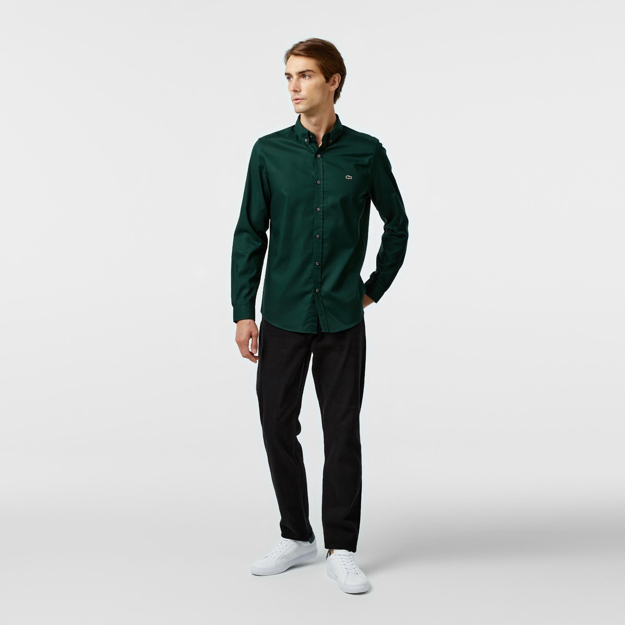 Erkek Slim Fit Düğmeli Yaka Koyu Yeşil Gömlek