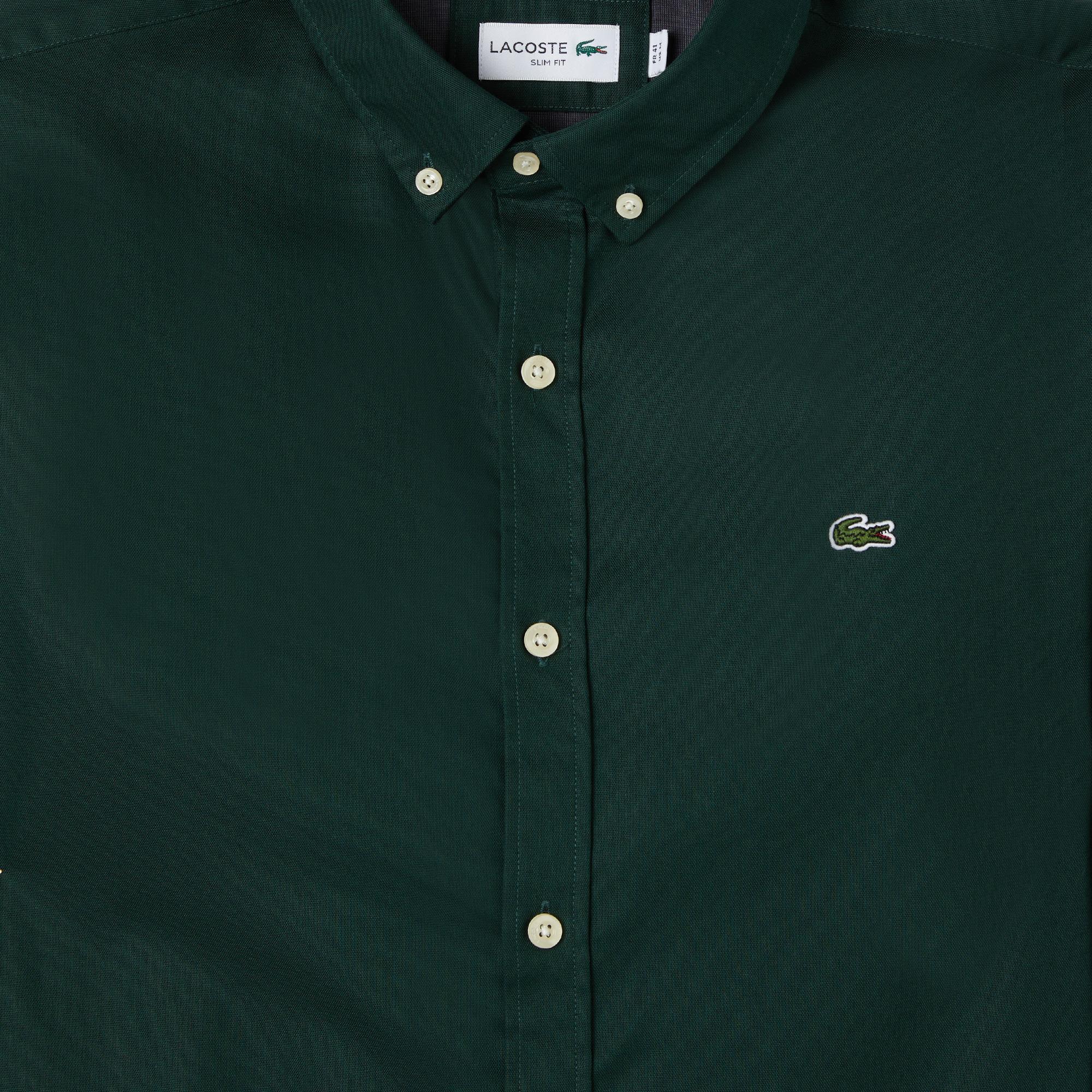 Erkek Slim Fit Düğmeli Yaka Koyu Yeşil Gömlek