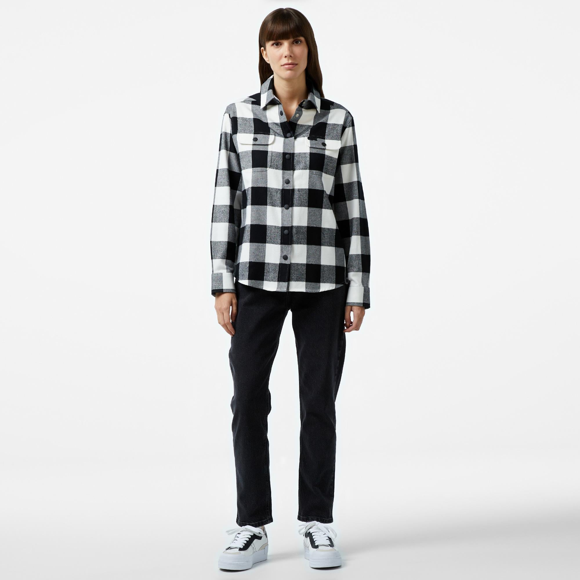 Kadın Regular Fit Ekose Siyah Gömlek