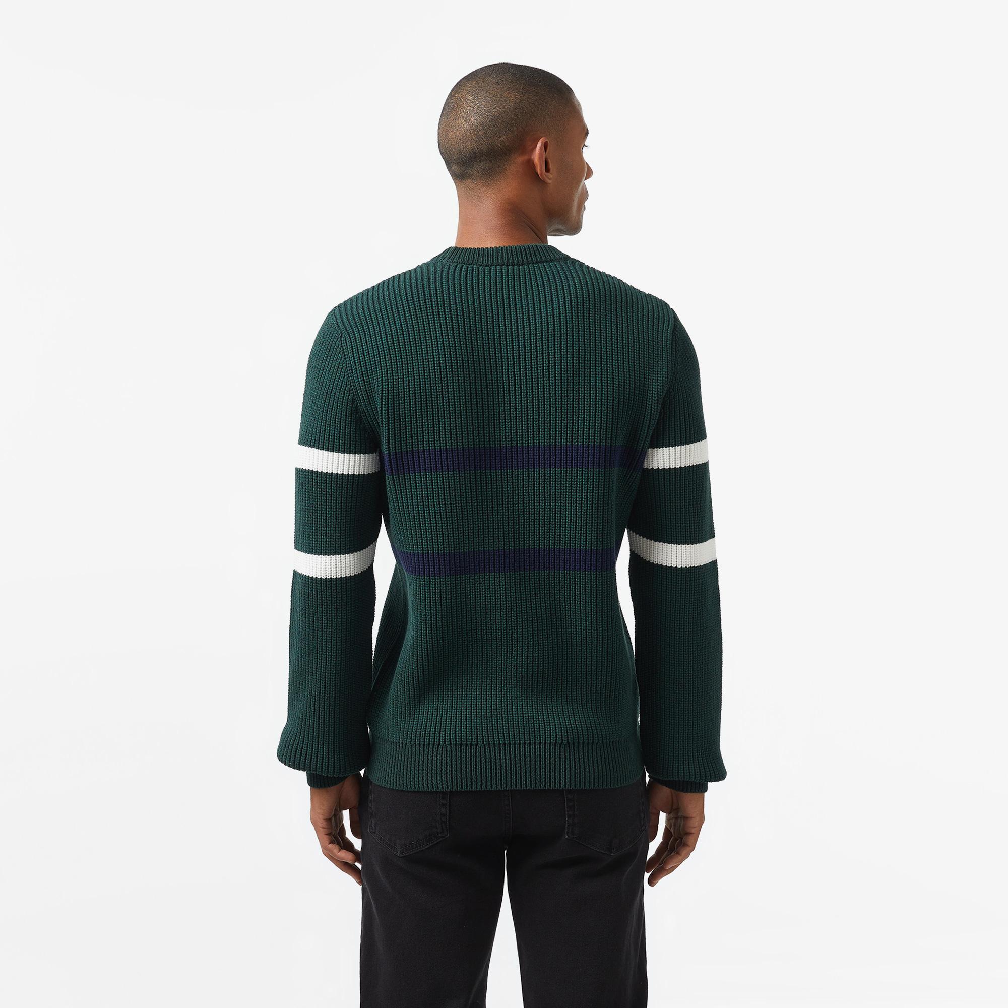 Erkek Relaxed Fit Bisiklet Yaka Çizgili Koyu Yeşil Kazak