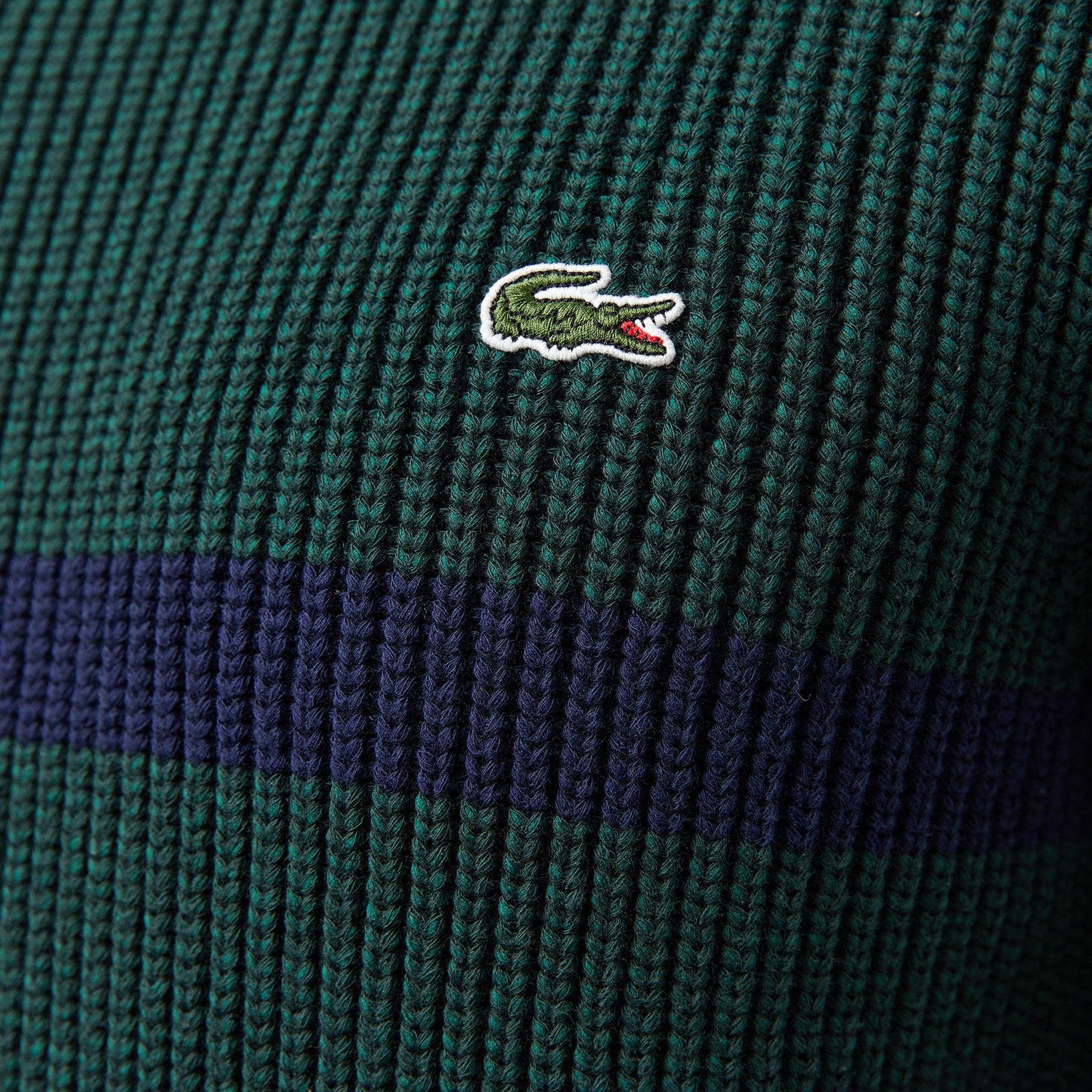 Erkek Relaxed Fit Bisiklet Yaka Çizgili Koyu Yeşil Kazak