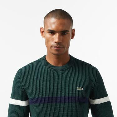  Erkek Relaxed Fit Bisiklet Yaka Çizgili Koyu Yeşil Kazak