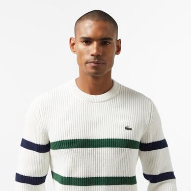  Erkek Relaxed Fit Bisiklet Yaka Çizgili Beyaz Kazak