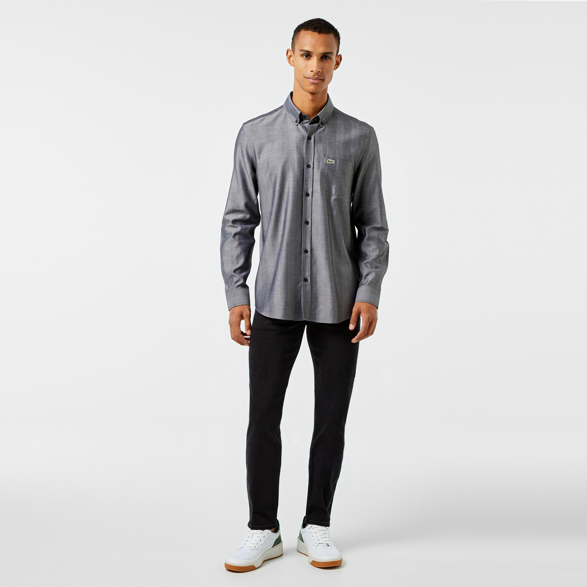 Erkek Slim Fit Düğmeli Yaka Gri Gömlek