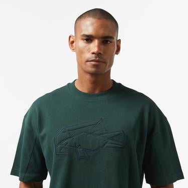  Erkek Oversize Fit Bisiklet Yaka Baskılı Koyu Yeşil T-Shirt