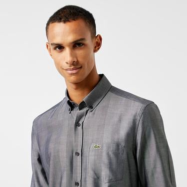  Erkek Slim Fit Düğmeli Yaka Gri Gömlek