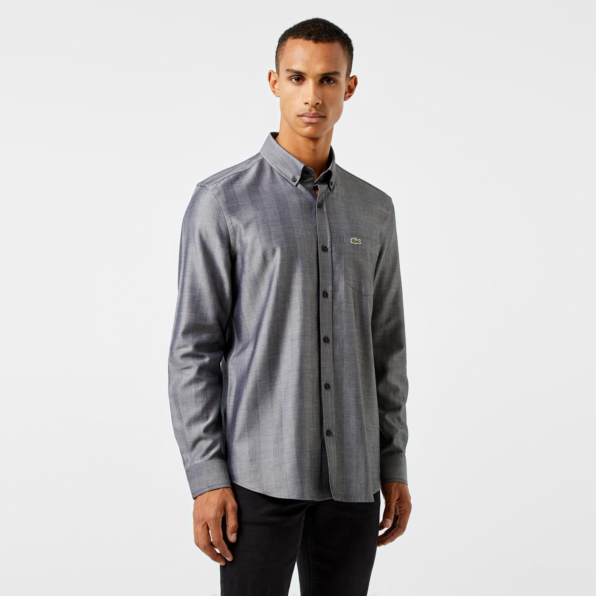 Erkek Slim Fit Düğmeli Yaka Gri Gömlek