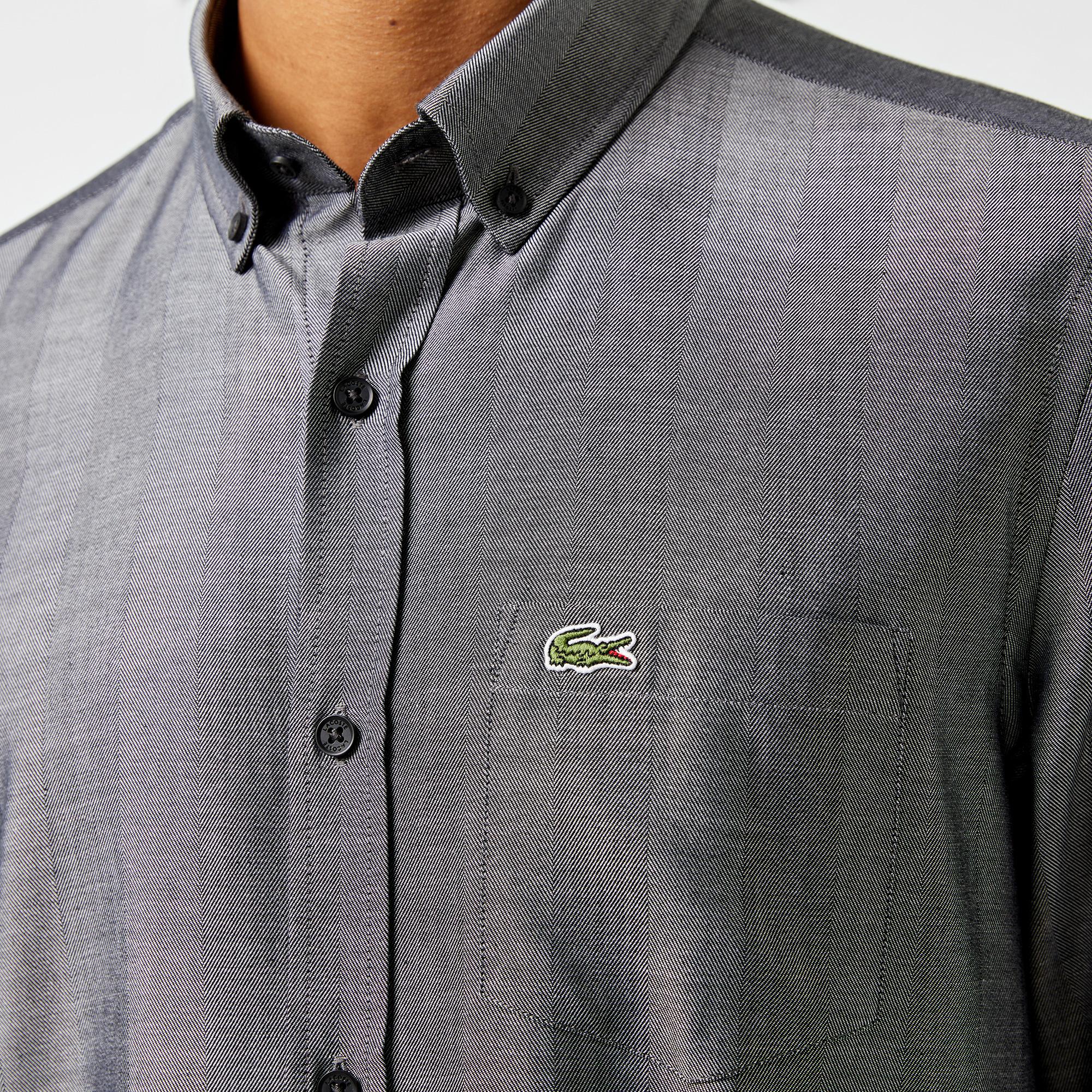 Erkek Slim Fit Düğmeli Yaka Gri Gömlek