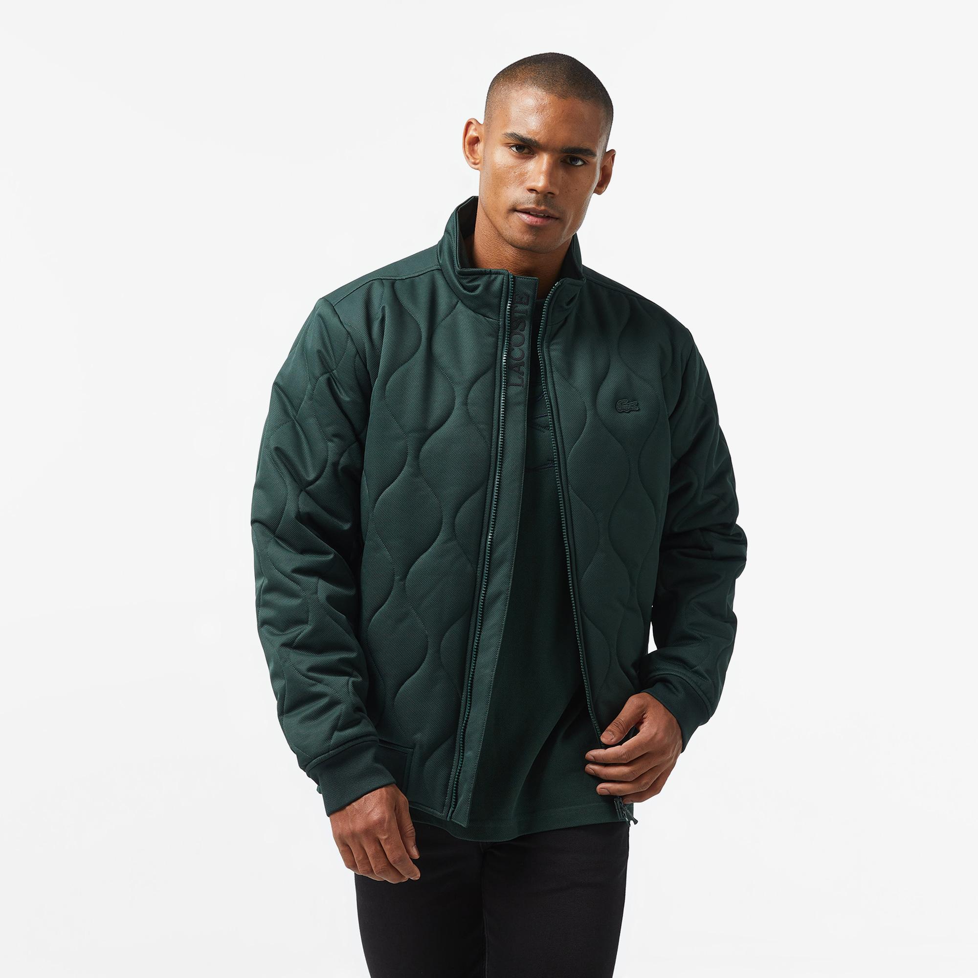 Erkek Relaxed Fit Dik Yaka Kapitone Koyu Yeşil Mont