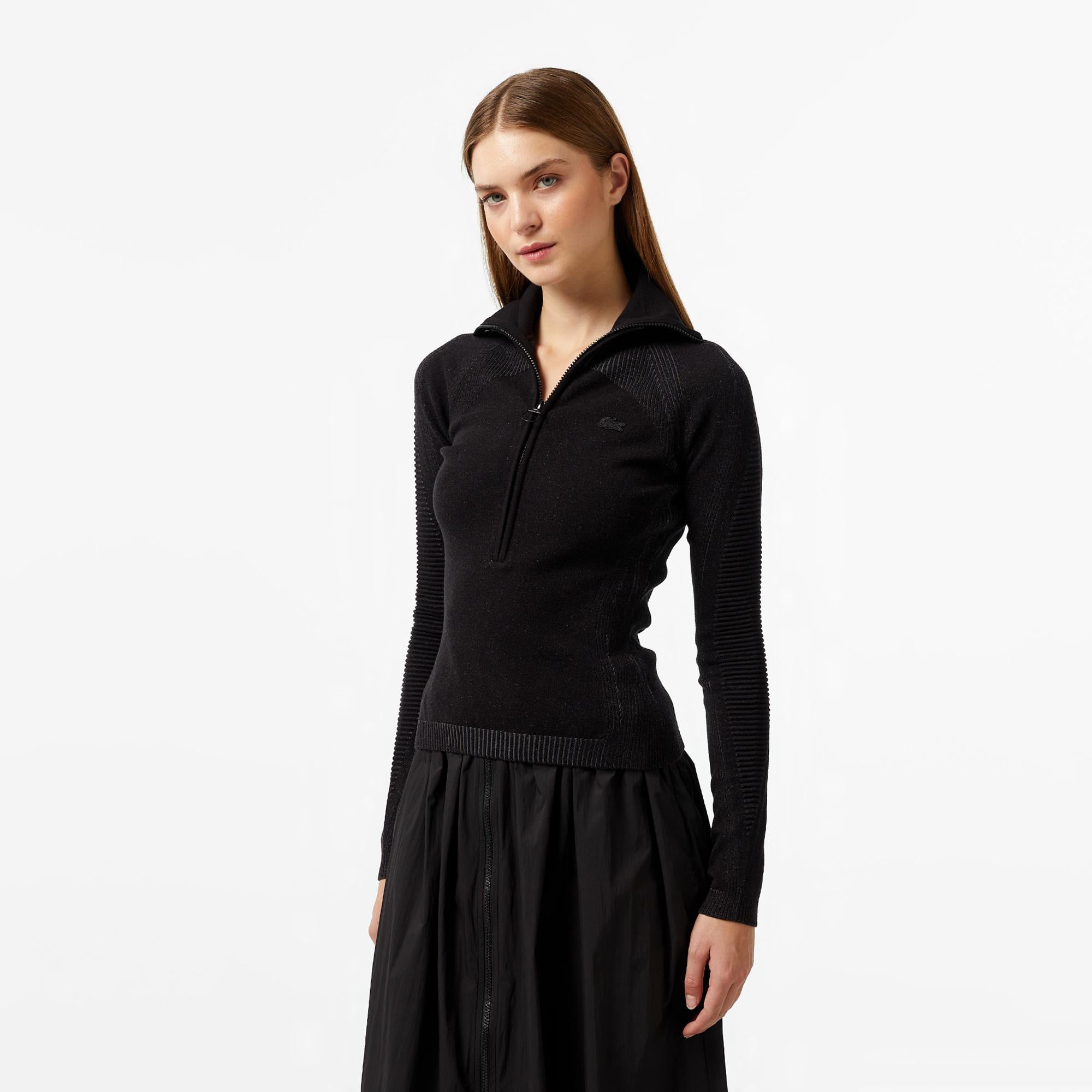 Kadın Slim Fit Yarım Fermuarlı Siyah Triko