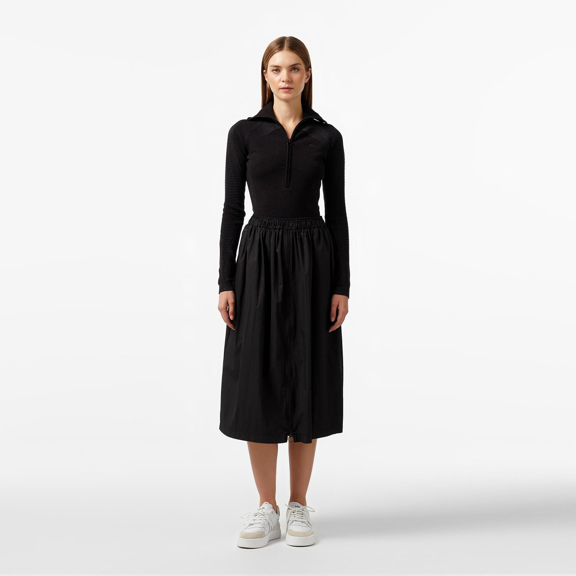 Kadın Slim Fit Yarım Fermuarlı Siyah Triko