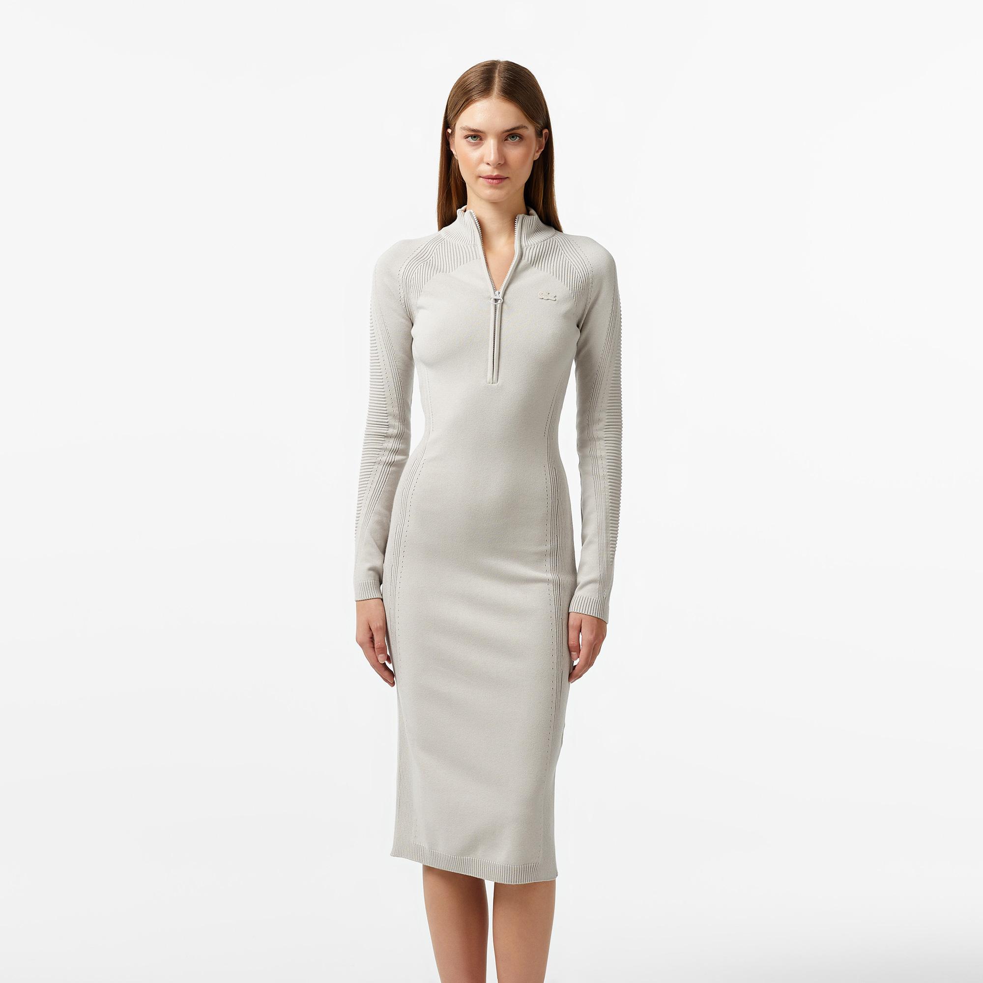 Kadın Slim Fit Uzun Kollu Yarım Fermuarlı Gri Elbise