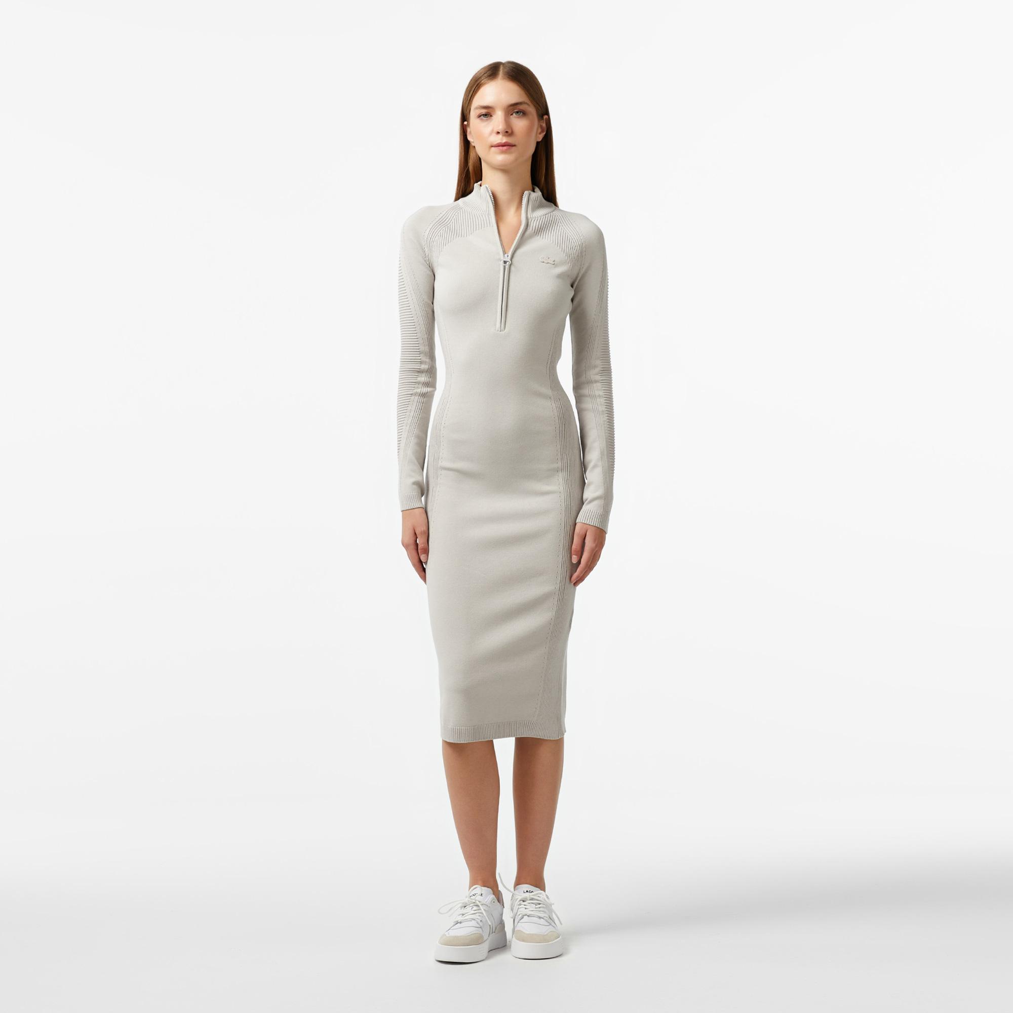 Kadın Slim Fit Uzun Kollu Yarım Fermuarlı Gri Elbise