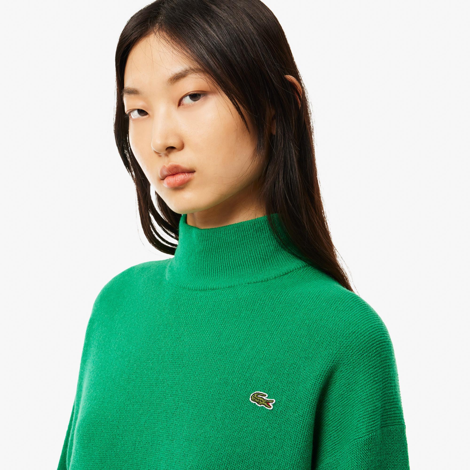 Kadın Relaxed Fit Dik Yaka Yün Yeşil Triko