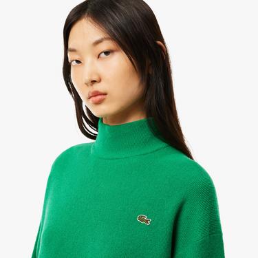  Kadın Relaxed Fit Dik Yaka Yün Yeşil Triko