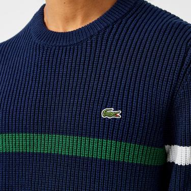  Lacoste Erkek Relaxed Fit Bisiklet Yaka Çizgili Lacivert Kazak