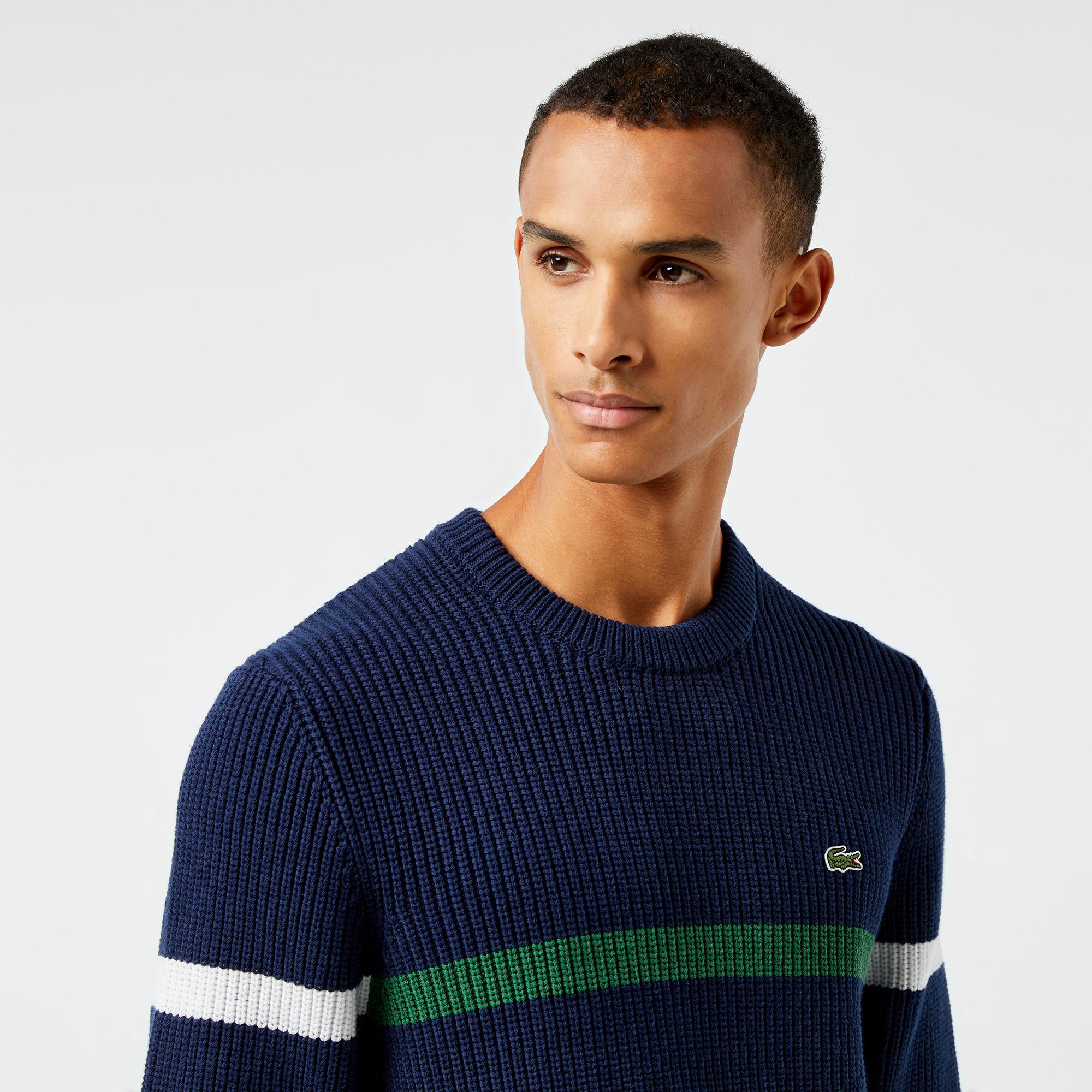 Erkek Relaxed Fit Bisiklet Yaka Çizgili Lacivert Kazak