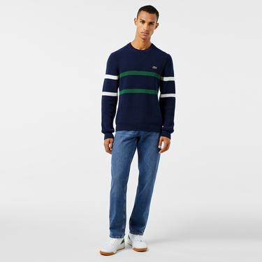  Lacoste Erkek Relaxed Fit Bisiklet Yaka Çizgili Lacivert Kazak