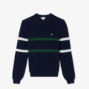  Lacoste Erkek Relaxed Fit Bisiklet Yaka Çizgili Lacivert Kazak