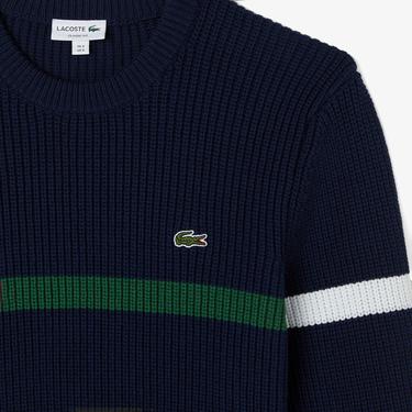  Lacoste Erkek Relaxed Fit Bisiklet Yaka Çizgili Lacivert Kazak