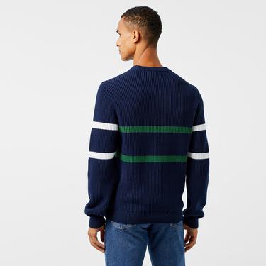  Lacoste Erkek Relaxed Fit Bisiklet Yaka Çizgili Lacivert Kazak