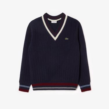  Erkek Classic Fit V Yaka Yün Lacivert Kazak